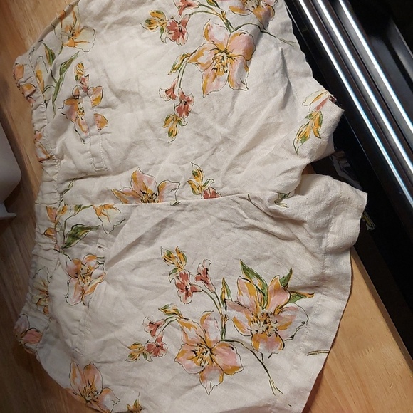 Linen Floral Beach Boho Shorts Tan Orange Pink - Picture 5 of 6